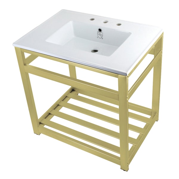 Fauceture VWP3122W8A7 31-Inch Ceramic Console Sink (8-Inch, 3-Hole), White/Brushed Brass VWP3122W8A7 - main